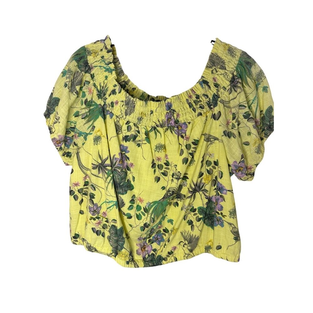 New INC International Concepts Size 1X Plus Womens Yellow Floral Smocked Scoop N